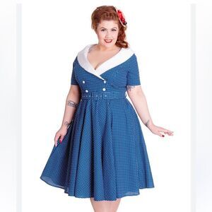 Hell Bunny Claudia 50’s Blue and White Polka Dot Fit and Flare Midi Dress 4X